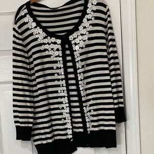 Talbots Black and White Striped Cardigan with Floral Accents